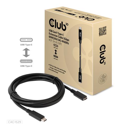 CLUB3D USB Gen1 Type-C Extensie kabel 5Gbps 60W(20V/3A) 4K60Hz M/F 1m/3.28ft - Image 2