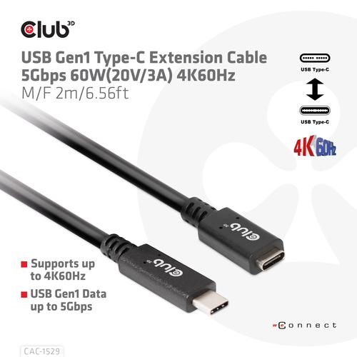 CLUB3D USB Gen1 Type-C Extensie kabel 5Gbps 60W(20V/3A) 4K60Hz M/F 1m/3.28ft - Image 3