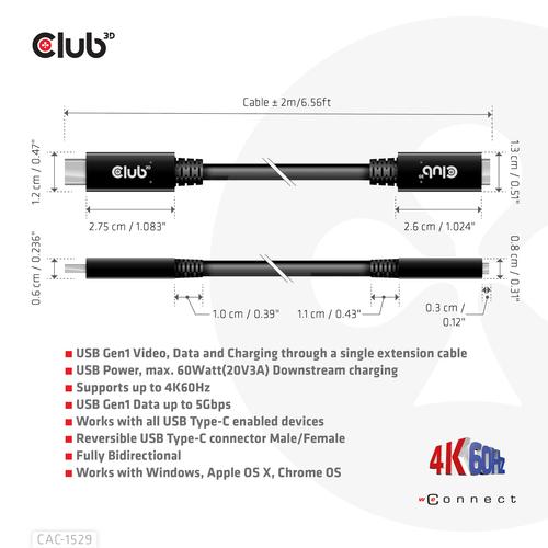 CLUB3D USB Gen1 Type-C Extensie kabel 5Gbps 60W(20V/3A) 4K60Hz M/F 1m/3.28ft - Image 4