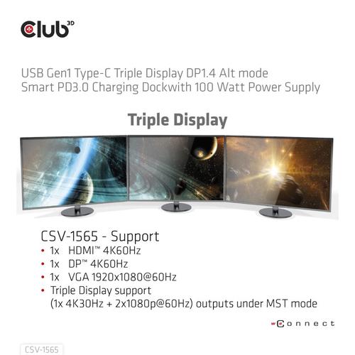 CLUB3D USB Gen1 Type-C Triple Display DP1.4 Alt mode Smart PD3.0 Charging Dock with 100 Watt Power Supply - Image 3