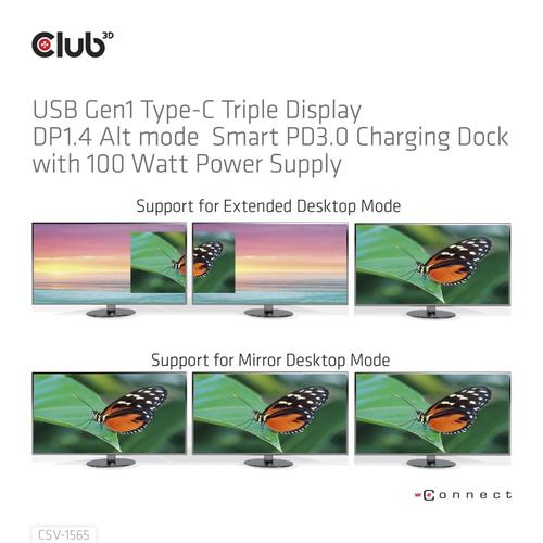 CLUB3D USB Gen1 Type-C Triple Display DP1.4 Alt mode Smart PD3.0 Charging Dock with 100 Watt Power Supply - Image 6