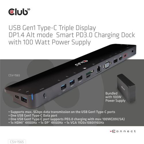 CLUB3D USB Gen1 Type-C Triple Display DP1.4 Alt mode Smart PD3.0 Charging Dock with 100 Watt Power Supply - Image 7