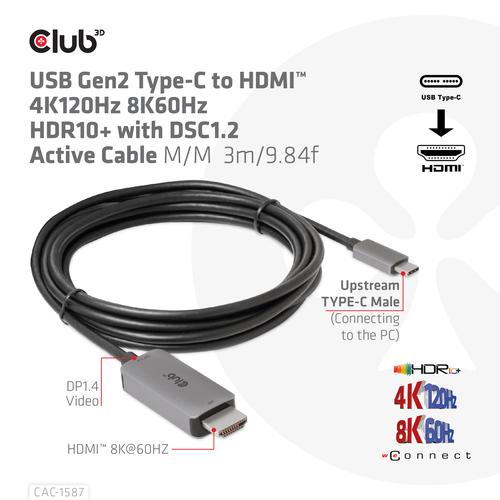 CLUB3D USB Gen2 Type-C to HDMI 4K120Hz 8K60Hz HDR10 with DSC1.2 Active Cable M/M 3m - Image 4