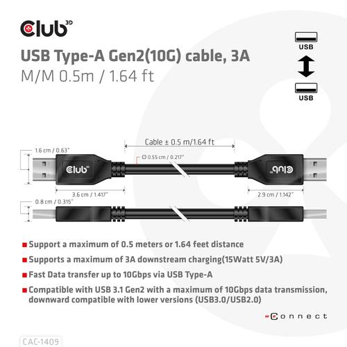 CLUB3D USB Type-A Gen2(10G) cable, 3A M/M 0.5m / 1.64 ft - Image 4