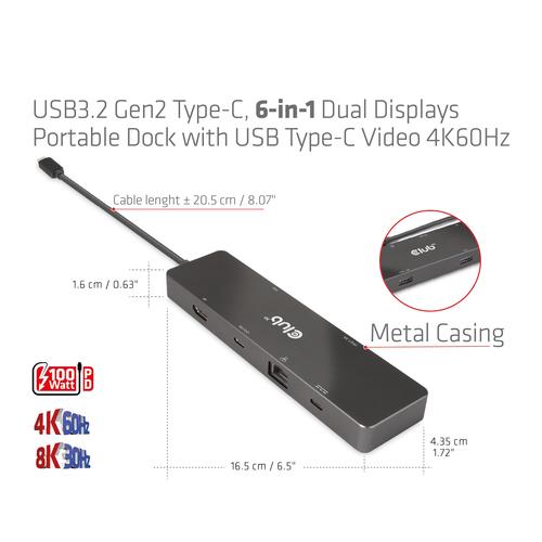 CLUB3D USB3.2 Gen2 Type-C, 6-in-1 Dual Displays Portable Dock with USB Type-C Video 4K60Hz - Image 2