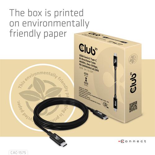 CLUB3D USB4 Gen2x2 Type-C Bi-Directional Cable 4K60Hz, Data 20Gbps, PD 240W(48V/5A) EPR M/M 2m USB IF GECERTIFCIEERD - Image 3