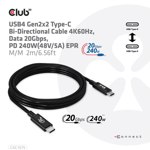 CLUB3D USB4 Gen2x2 Type-C Bi-Directional Cable 4K60Hz, Data 20Gbps, PD 240W(48V/5A) EPR M/M 2m USB IF GECERTIFCIEERD - Image 8