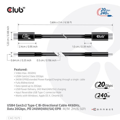 CLUB3D USB4 Gen2x2 Type-C Bi-Directional Cable 4K60Hz, Data 20Gbps, PD 240W(48V/5A) EPR M/M 2m USB IF GECERTIFCIEERD - Image 9