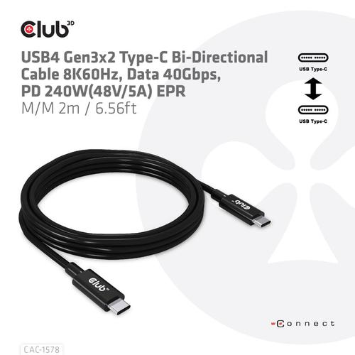 CLUB3D USB4 Gen3x2 Type-C Bi-Directional Cable 8K60Hz, Data 40Gbps, PD 240W(48V/5A) EPR M/M 2m / 6.56ft - Image 2