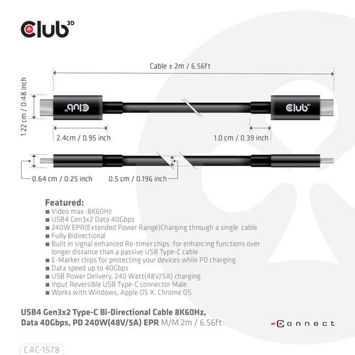 CLUB3D USB4 Gen3x2 Type-C Bi-Directional Cable 8K60Hz, Data 40Gbps, PD 240W(48V/5A) EPR M/M 2m / 6.56ft - Image 3