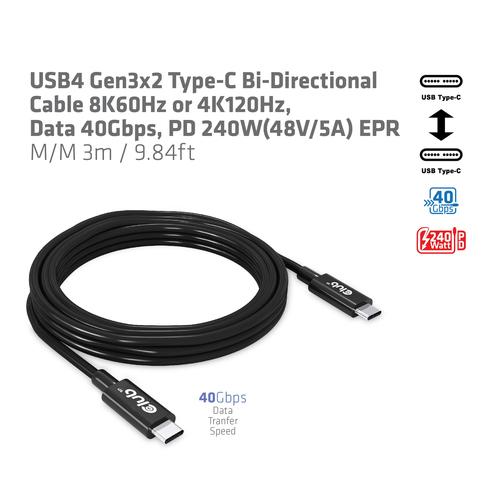 CLUB3D USB4 Gen3x2 Type-C Bi-Directional Cable 8K60Hz or 4K120Hz, Data 40Gbps, PD 240W(48V/5A) EPR M/M 3m / 9.84ft - Image 7