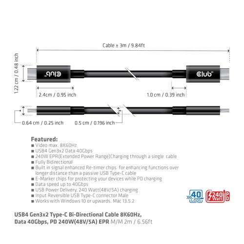 CLUB3D USB4 Gen3x2 Type-C Bi-Directional Cable 8K60Hz or 4K120Hz, Data 40Gbps, PD 240W(48V/5A) EPR M/M 3m / 9.84ft - Image 8