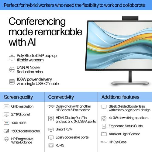 HP Series 5 Pro Serie 5 Pro 27 inch QHD USB-C Conferencing Monitor - 527pm - Image 2