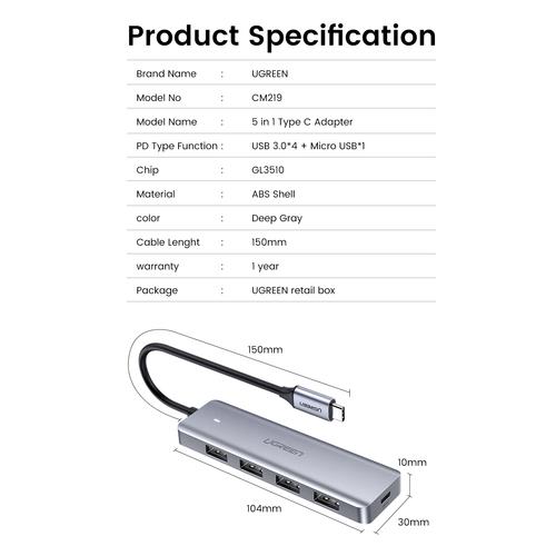 Ugreen 70336 interface hub USB 3.2 Gen 1 (3.1 Gen 1) Type-C 5000 Mbit/s - Image 4